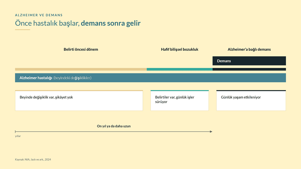Alzheimer hastalığının belirti öncesi dönemden hafif bilişsel bozukluğa ve demansa uzanan zaman çizelgesi; demans yalnızca son dönemde
