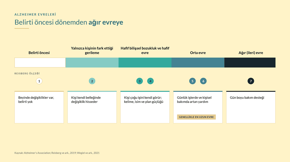 Alzheimer evreleri: belirti öncesi dönem, yalnızca kişinin fark ettiği gerileme, hafif, orta ve ağır evre ile Reisberg ölçeğindeki 1-7 basamakların eşleşmesi