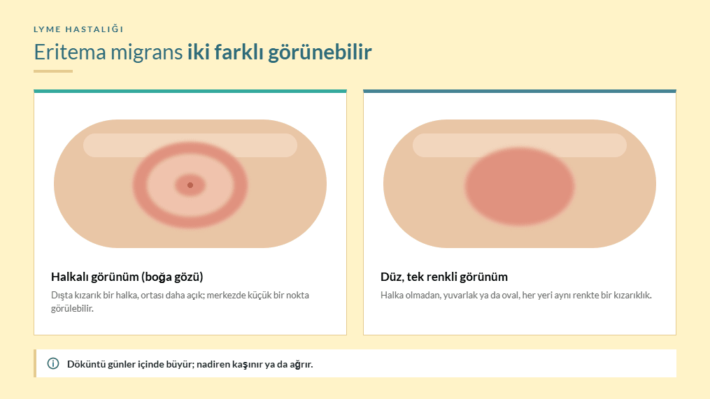 Lyme hastalığında eritema migrans: halkalı boğa gözü görünümü ve düz, tek renkli görünüm